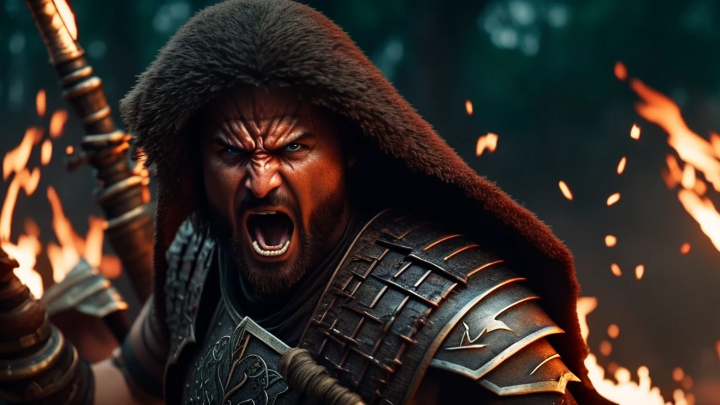 close up of a warrior screaming rpg style 4k cinemact flame trailer film