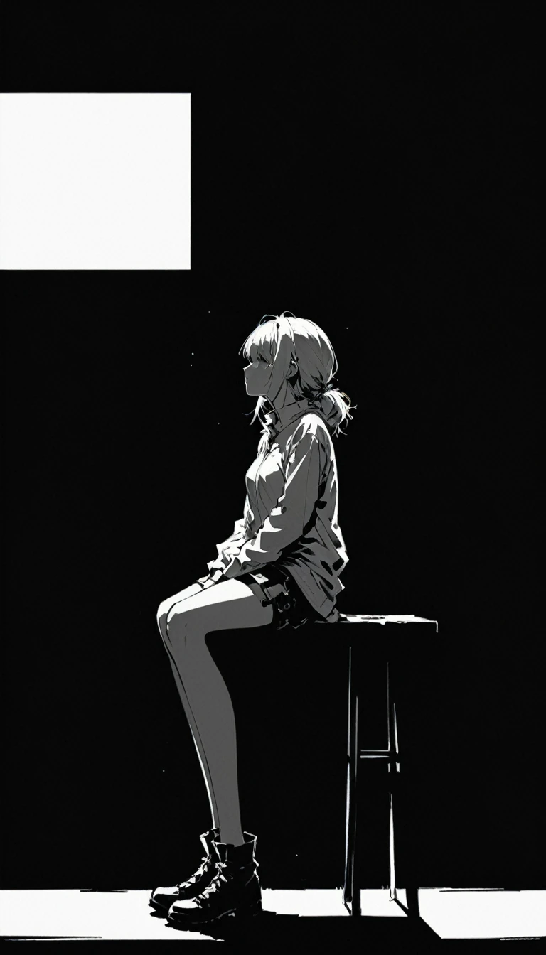 (Ashley Wood (Ashley Wood) style of:1.1),
1 Girl,Spread your knees apart,Bring your feet together,100pcs?,large areas of white space,Black_background,minimalist background,sit,At the bottom of the screen,(look up:1.5),from the side,comics,
