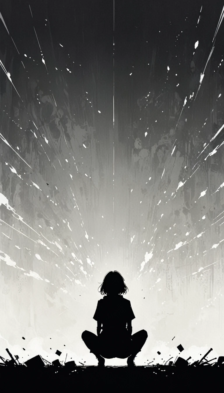 (Ashley Wood (Ashley Wood) style of:1.1),
1 Girl,Spread your knees apart,Bring your feet together,100pcs?,large areas of white space,Black_background,minimalist background,sit,At the bottom of the screen,(look up:1.5),from the side,comics,