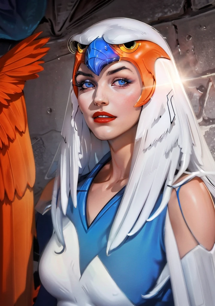 straight-on,pose,looking at viewer,solo, BREAK, 
CARTOON_Sorceress_heman_90s_ownwaifu, www.ownwaifu.com,
breasts, long hair, medium breasts, white hair, lips, makeup, lipstick, blue eyes, monster girl, nose, red lips, animification, 
wings, feathered wings, feathers, white hair, angel wings, white wings, harpy, leotard, winged arms, bird, bird wings, helmet, multiple wings, 
BREAK, official art,extremely detailed CG unity 8k wallpaper, perfect lighting,Colorful, Bright_Front_face_Lighting,shiny skin, (masterpiece:1.0),(best_quality:1.0), ultra high res,4K,ultra-detailed, photography, 8K, HDR, highres, (absurdres:1.2), Kodak portra 400, film grain, blurry background,(vibrant_color:1.2),professional photograph,