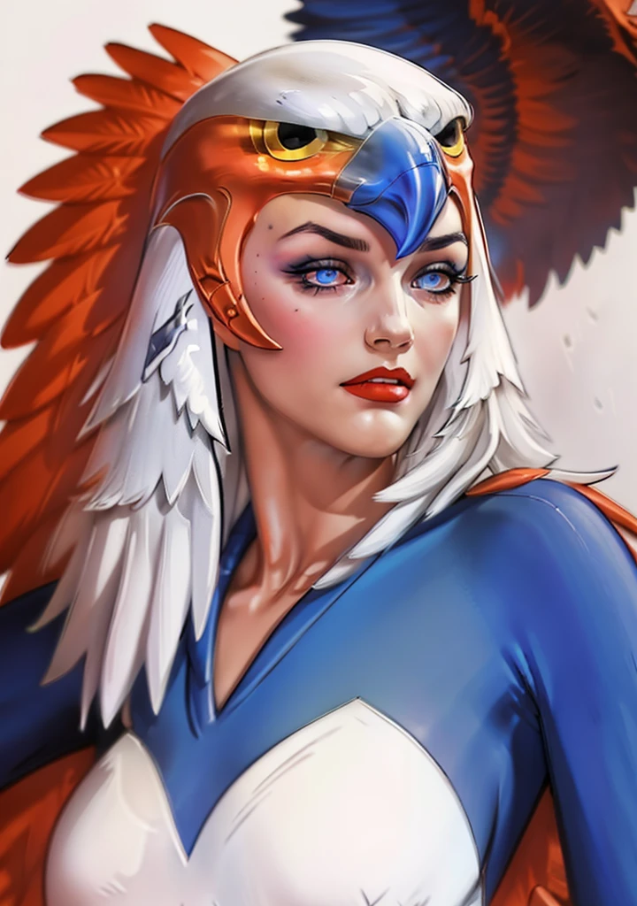 straight-on,pose,looking at viewer,solo, BREAK, 
CARTOON_Sorceress_heman_90s_ownwaifu, www.ownwaifu.com,
breasts, long hair, medium breasts, white hair, lips, makeup, lipstick, blue eyes, monster girl, nose, red lips, animification, 
wings, feathered wings, feathers, white hair, angel wings, white wings, harpy, leotard, winged arms, bird, bird wings, helmet, multiple wings, 
BREAK, official art,extremely detailed CG unity 8k wallpaper, perfect lighting,Colorful, Bright_Front_face_Lighting,shiny skin, (masterpiece:1.0),(best_quality:1.0), ultra high res,4K,ultra-detailed, photography, 8K, HDR, highres, (absurdres:1.2), Kodak portra 400, film grain, blurry background,(vibrant_color:1.2),professional photograph,