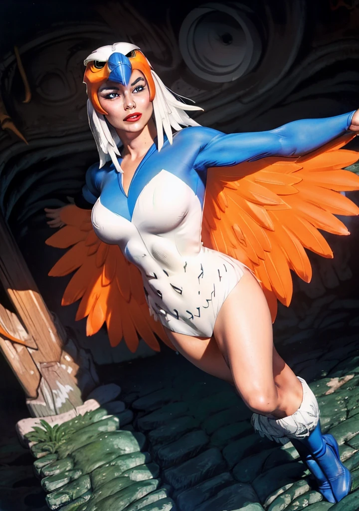 straight-on,pose,looking at viewer,solo, BREAK, 
CARTOON_Sorceress_heman_90s_ownwaifu, www.ownwaifu.com,
breasts, long hair, medium breasts, white hair, lips, makeup, lipstick, blue eyes, monster girl, nose, red lips, animification, 
wings, feathered wings, feathers, white hair, angel wings, white wings, harpy, leotard, winged arms, bird, bird wings, helmet, multiple wings, 
BREAK, official art,extremely detailed CG unity 8k wallpaper, perfect lighting,Colorful, Bright_Front_face_Lighting,shiny skin, (masterpiece:1.0),(best_quality:1.0), ultra high res,4K,ultra-detailed, photography, 8K, HDR, highres, (absurdres:1.2), Kodak portra 400, film grain, blurry background,(vibrant_color:1.2),professional photograph,