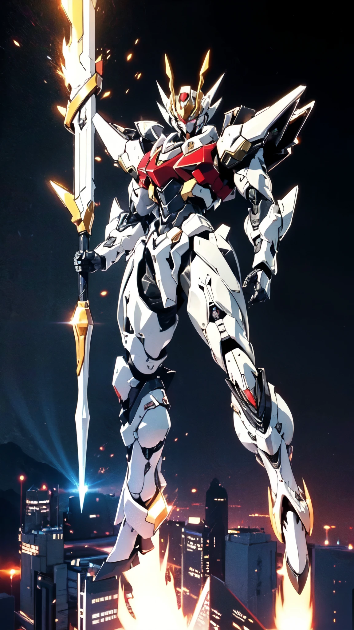 (masterpiece:1.5, best quality:1.5, extremely delicate:1.5), humanoid Mecha, fully enclosed shoulder guards, matching arm and leg guards, full body, full armor, the design balances heavy with agility, (the color scheme is primarily white with red and blue accents, the concept Inspired by Super robot, organic biotech armor, standing, floating high above the futuristic sci-fi city), exquisite and mature art style, (aura effect, energy, glowing eyes, the armor glows), metallic, dramatic, high definition, highres, ultra-detailed, ultra-fine painting, professional, perfect body proportions, anatomically correct, symmetrical face, extremely detailed eyes and face, high quality eyes, creativity, RAW photo, UHD, 32k, Natural light, cinematic lighting, masterpiece-anatomy-perfect