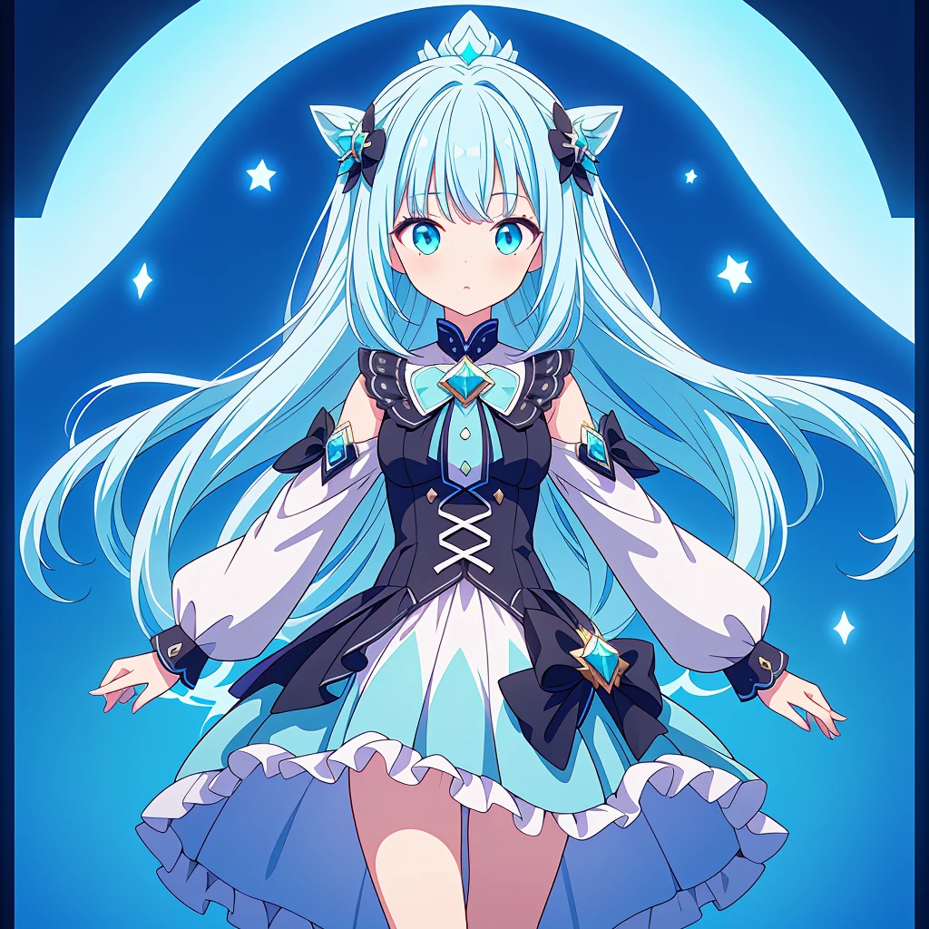 1girl、Star Fairy、Star incarnation、Character design front view、A picture facing the viewer、(((Super detailed、Highest quality、Masterpiece)))、Original cute hairstyle、Milky white and blue hair color、Simple Green Background、vtuber-fullbody,Black goth 、Gothic、