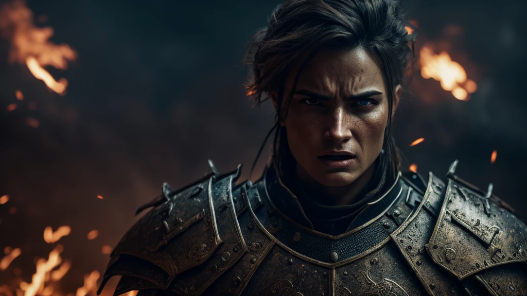 a fierce warrior shouting, extremely detailed portrait, cinematic dramatic lighting, rpg style, 8k, film trailer, dramatic flame effects, epic fantasy, powerful expression, intense gaze, battle-worn armor, war-torn background, moody color palette, volumetric lighting, photorealistic, unreal engine, professional 3d render