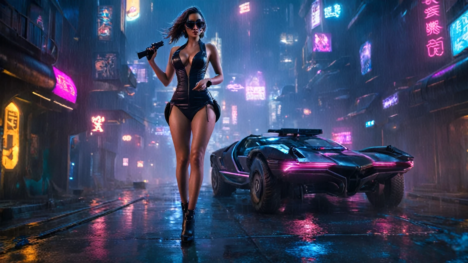(aerial view, a flying cars docking platform, a very dark abandoned futuristic city, neon lights), rainy night. (((1girl, solo, alone))), large-breast:1.2 slim body, cleavage:1.1, sexy wind blowing wet dress:1.4, (((headphone, black sunglasses, standing and holding pistol:1.8, dynamic rushing pose))), (((((half-body thigh level medium shot))))), cinematic lighting, lens flare, ray tracing.
