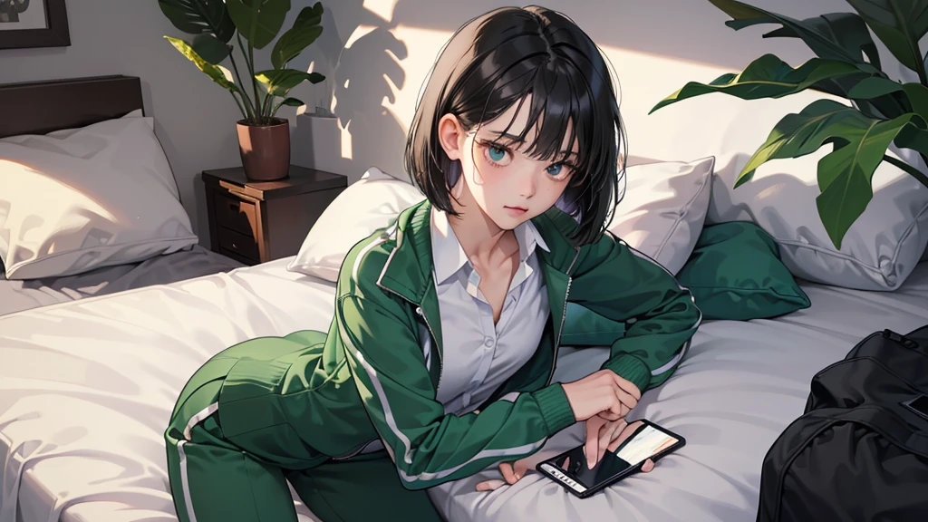 (perfect anatomy:1.2)(absurdres, highres, ultra detailed),masterpiece,best quality,high resolution,8k,Realistic face,Realistic skin texture,magnified textures, stunning clarity,detailed anime girl,(ultra detailed eyes and face),(1 girl:1.5)21years old,she is office worker,,black hair, bob cut, No-makeup look,,green school  track jacket and pants white shirt,(The chest is visible)Lying on her bed on her back,look down smartphone,sleepy eyes,small nose,roundface,Women's Apartments in suburb,faint light,(midnight),,(sleepy),cowboy shot,Foliage plant
