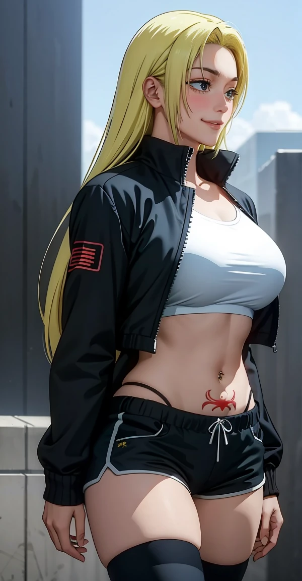 Yuki tsukumo from jujutsu kaisen, long hair, blonde hair, front view detailed body, long belly, big , tight body , large breast, thicc thighs, 1girl, photo_background, gym, shorts, long_hair, thighhighs, short_shorts, crossed_arms, navel, black_shorts, solo, looking_at_viewer, midriff, black_thighhighs, navel_piercing, dolphin_shorts, lips, realistic, tattoo, jacket, breasts, standing, cowboy shot