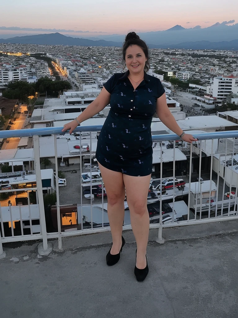 her name is Annette, high quality, ((mature)), ((white pale skin)), 1girl, ((40-year-old chubby Swiss woman)), ((40 years old)), ((chubby)), ((brunette)), pose: standing, wearing stylish blue (((wearing black printed attire for nightlife))), ((BACKGROUND: overlooking nightlife in Naica, Mexico)), random pose, messy bun hair