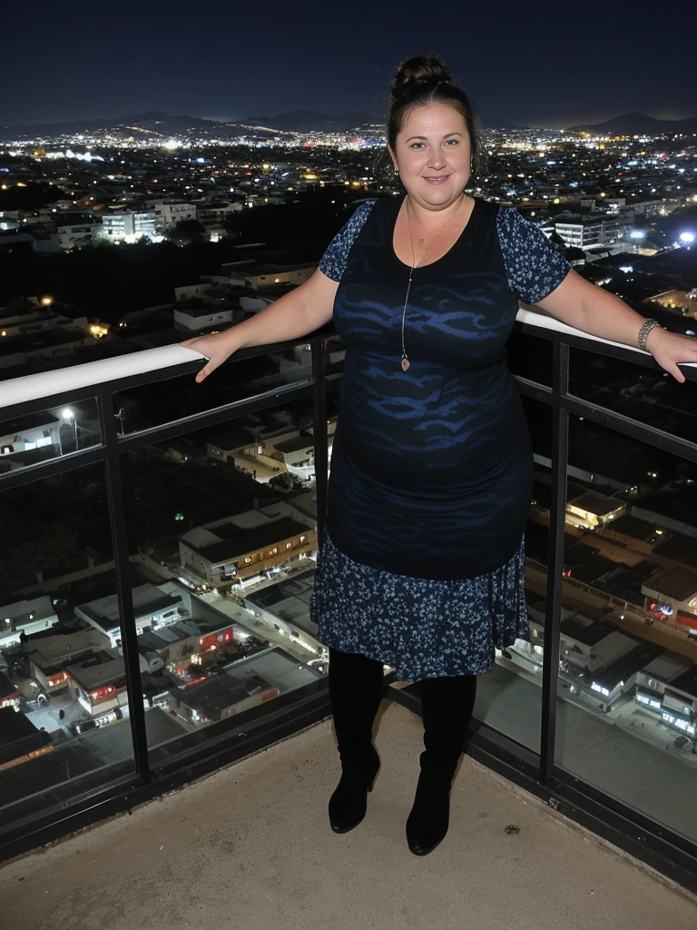 her name is Annette, high quality, ((mature)), ((white pale skin)), 1girl, ((40-year-old chubby Swiss woman)), ((40 years old)), ((chubby)), ((brunette)), pose: standing, wearing stylish blue (((wearing black printed attire for nightlife))), ((BACKGROUND: overlooking nightlife in Naica, Mexico)), random pose, messy bun hair