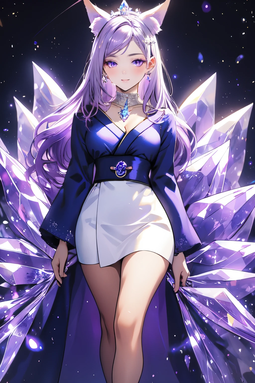 ((best quality)), ((masterpiece)), (detailed), detailed eyes, detailed hands, full-length body image, female humanoid kitsune, wearing a short kimono, crystal crown on top of her head, light purple hair, light purple fox ears, 2 purple crystal fox tails, 1 crystal eight-pointed star shape on forehead, delicate and beautiful detailing, beautiful face, well-proportioned detailed purple eyes, round detailed purple eyes and makeup, beautiful detailed and clear purple eyes, volume smooth and sharp, long flat bangs, fictional art, best photos, best quality, very beautiful and meticulous eight-pointed crystal star on forehead, delicate, mouth closed smile, not fully smiling