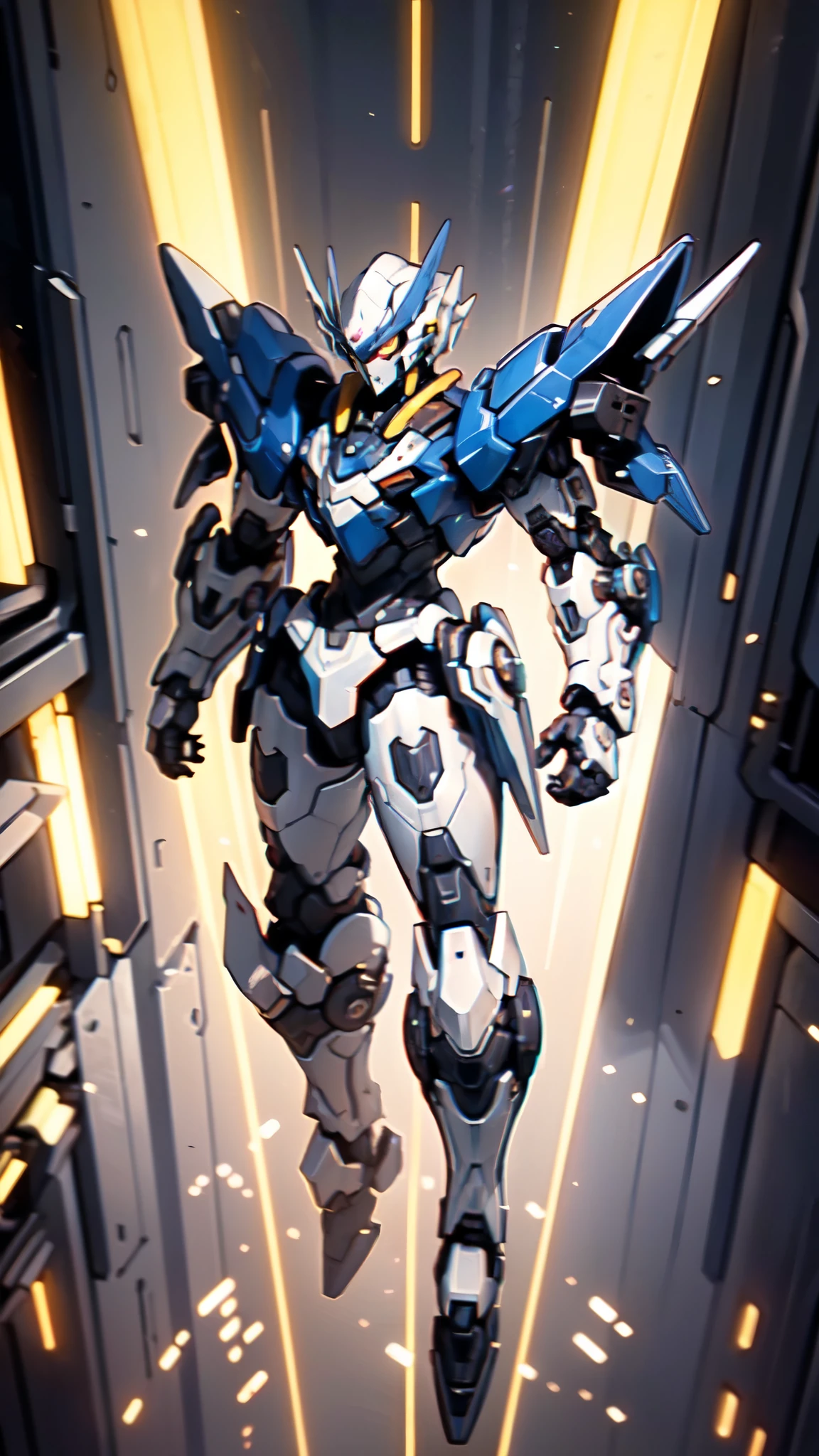 (masterpiece:1.5, best quality:1.5, extremely delicate:1.5), humanoid Mecha, fully enclosed shoulder guards, matching arm and leg guards, full body, full armor, the design balances heavy with agility, (the color scheme is primarily white with red and blue accents, the concept Inspired by Super robot, organic biotech armor, standing, floating high above the futuristic sci-fi city), exquisite and mature art style, (aura effect, energy, glowing eyes, the armor glows), metallic, dramatic, high definition, highres, ultra-detailed, ultra-fine painting, professional, perfect body proportions, anatomically correct, symmetrical face, extremely detailed eyes and face, high quality eyes, creativity, RAW photo, UHD, 32k, Natural light, cinematic lighting, masterpiece-anatomy-perfect