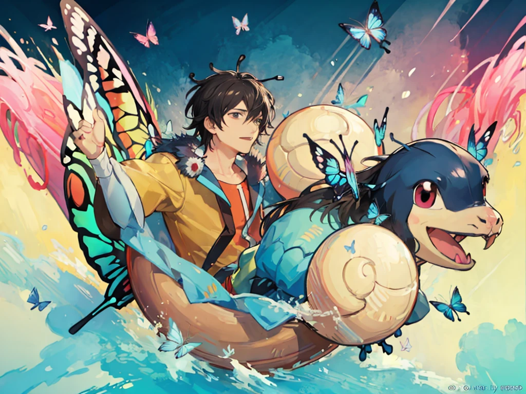 (Best image quality), Squirtle_Pokemon, (Very detailed),(Manny colorful butterfly:1.3)