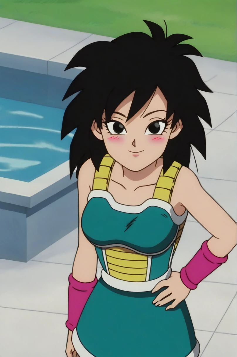 fountain_cheered up, score_9,score_8_above, score_7_above,  gineDb, cheered up screencap, 
 1 girl, Alone, looking at the viewer, blush, urban landscape, black eyes, hand on hip, smile pink bracelet, green skirt, hand on the shoulder, medium hair, green saiyajin armadura, eyelashes, Eyebrows,  bare shoulders, spiky hair, standing, cowboy shot
 