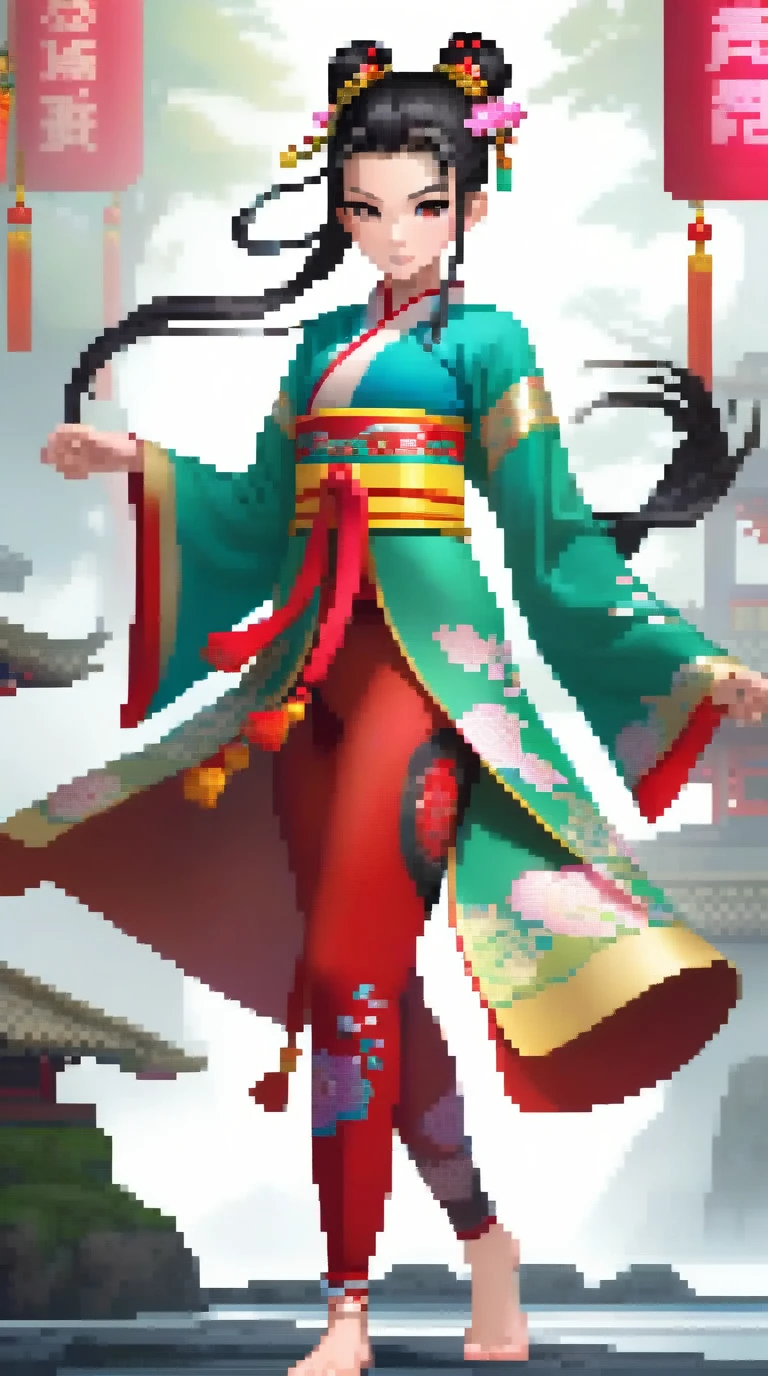 Create a full-body of a youthful Japanese loil with an energetic and determined expression. The character have a double hair bun secured with a golden headband, and the face should feature bold red and dark Peking opera makeup with eyes full of courage and resolution. The facial features need to be highly realistic, with particular attention to the eyes, nose, and mouth. Wide angle view, fisheye lens technique, fixed camera position. The Character Portrayal: 18 year old beautiful loil Ming Dynasty warrior, head hairstyle: dark double bun hair, combed into two double sideburns similar to Chunli's hairstyle; she is wearing a pink or purple lavender embroidered belly-band, green three-petal lotus-leaf wrist guards, a light green lotus-leaf skirt, bare feet without shoes, green ankle guards and three-petal lotus-leaf ornaments, each fire ring on her left and right feet, which follow the movements of her feet with a slight fluttering motion. She holds a chinese long spear in her left hand, the tip of which glints with a cold light. In her right hand hold a Gold Hula ring. The back is encircled by the red float Dunhuang ribbon , which follows the movement of her back with a slight sway. Movement: Ne Zha's overall direction of movement pans slightly towards the [top] of the screen, the direction of her cute head [slightly upwards to the right], the direction of her upper torso [upwards], the direction of her left arm's movement [slightly upwards], the direction of her right leg's movement [downwards], and the left leg's movement [downwards] as well. High Performance, Slow Motion, 4K, 3DCG, Unreal Engine, Game CG, Game Demo, High Surface Count, Ne Zha's delicate toes, Hanging Weiya, Ne Zha's delicate features. {{masterpiece}}, best quality, illustration, 1 girl, {double bun}, small breast, beautiful detailed eyes.