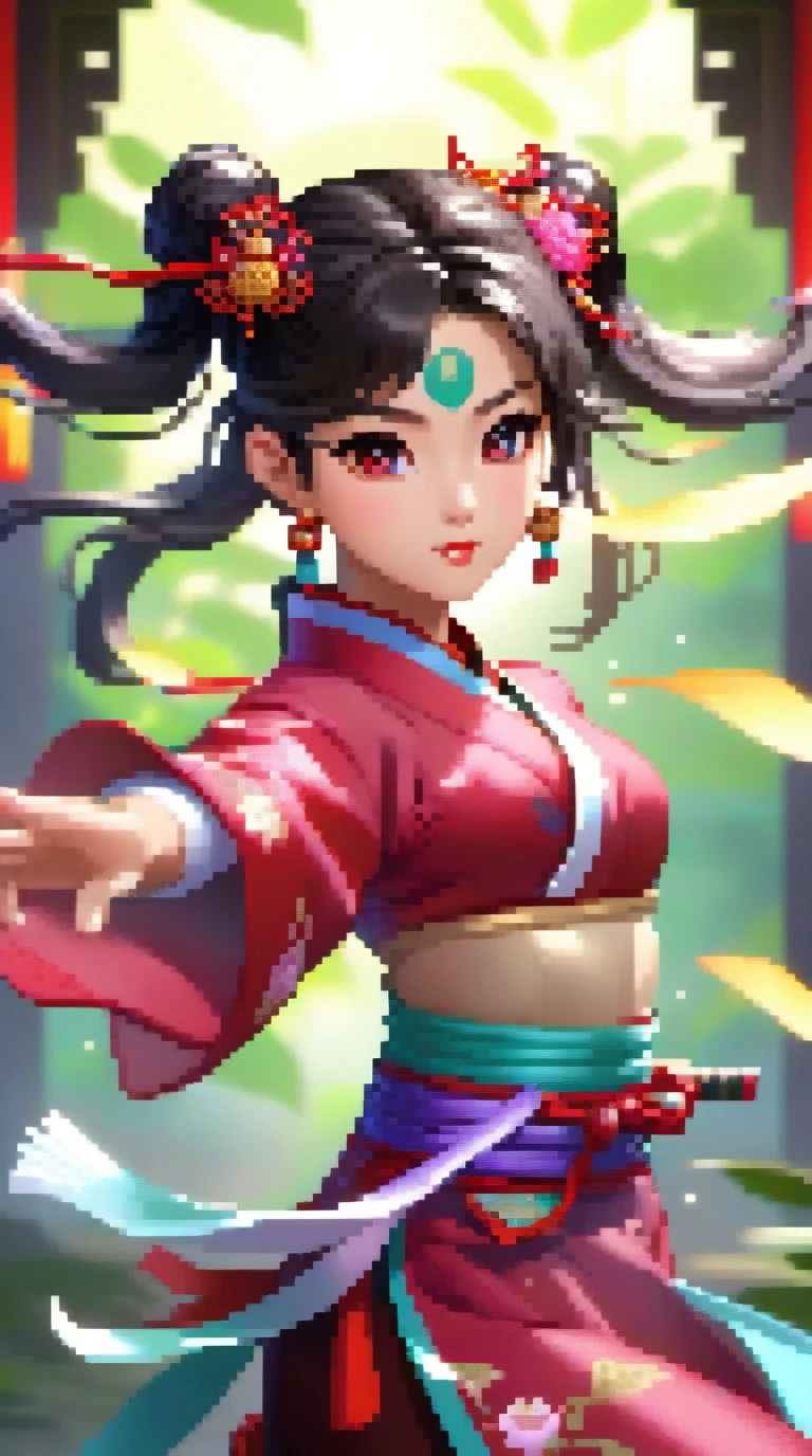 Create a full-body of a youthful Japanese loil with an energetic and determined expression. The character have a double hair bun secured with a golden headband, and the face should feature bold red and dark Peking opera makeup with eyes full of courage and resolution. The facial features need to be highly realistic, with particular attention to the eyes, nose, and mouth. Wide angle view, fisheye lens technique, fixed camera position. The Character Portrayal: 18 year old beautiful loil Ming Dynasty warrior, head hairstyle: dark double bun hair, combed into two double sideburns similar to Chunli's hairstyle; she is wearing a pink or purple lavender embroidered belly-band, green three-petal lotus-leaf wrist guards, a light green lotus-leaf skirt, bare feet without shoes, green ankle guards and three-petal lotus-leaf ornaments, each fire ring on her left and right feet, which follow the movements of her feet with a slight fluttering motion. She holds a chinese long spear in her left hand, the tip of which glints with a cold light. In her right hand hold a Gold Hula ring. The back is encircled by the red float Dunhuang ribbon , which follows the movement of her back with a slight sway. Movement: Ne Zha's overall direction of movement pans slightly towards the [top] of the screen, the direction of her cute head [slightly upwards to the right], the direction of her upper torso [upwards], the direction of her left arm's movement [slightly upwards], the direction of her right leg's movement [downwards], and the left leg's movement [downwards] as well. High Performance, Slow Motion, 4K, 3DCG, Unreal Engine, Game CG, Game Demo, High Surface Count, Ne Zha's delicate toes, Hanging Weiya, Ne Zha's delicate features. {{masterpiece}}, best quality, illustration, 1 girl, {double bun}, small breast, beautiful detailed eyes.