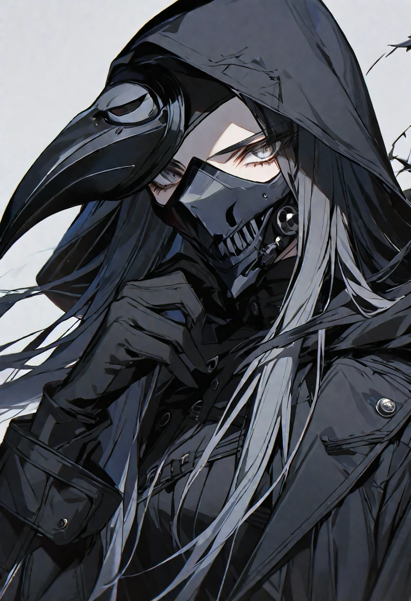 solo, handsome, 1 woman, long hair, black color hair, Gray eyes, black coat, black gloves, black plague Crow mask, Black hood, neutral expression