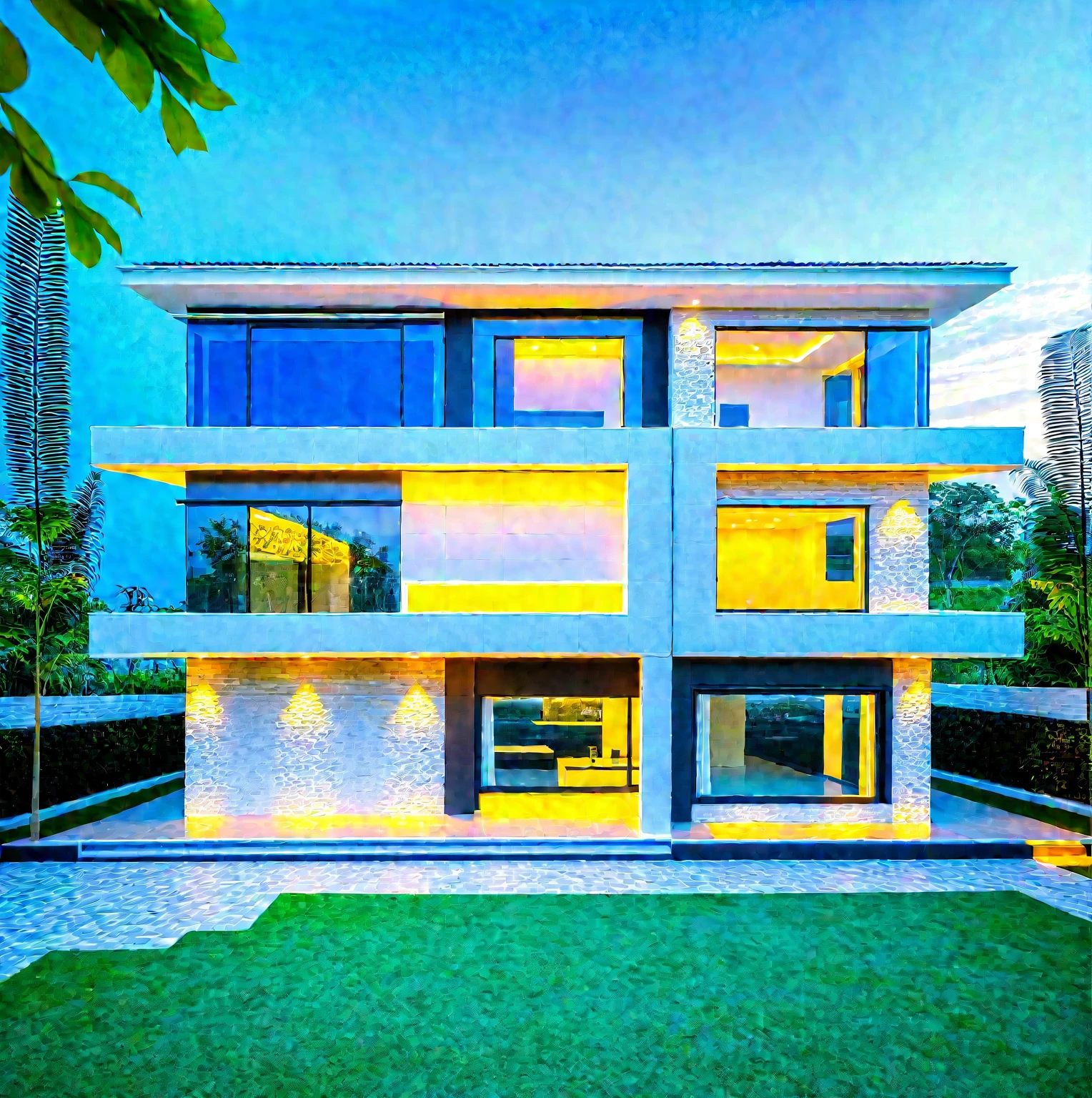 High quality, best quality, authentique, great detail, 3-storey villa, modern style,tile roof, simple facade, glass windows, stone walls, trees, lawn, front garden, masterpiece, realistic,