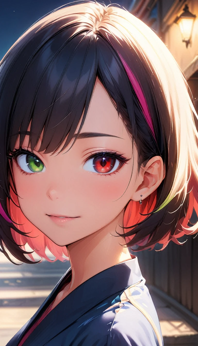 (highest quality:1.2, Very detailed, up to date, Vibrant, Ultra-high resolution, High Contrast, masterpiece:1.2, highest quality, Best aesthetics), Portraiture、girl、solo, 25-years-old, slim, , heterrochromia, green eye, red eye, Bright colors、Beautiful fine details、Beautiful lip detail、extra short hair, ((bob cut:1.5))、pink and purple, ((streaked hair:1.9)), (highlights hair: 1.6), (small breast:1.3), (tan skin:0.7), traditional yukata, summer festival, bon dance, (cowboy shot:1)