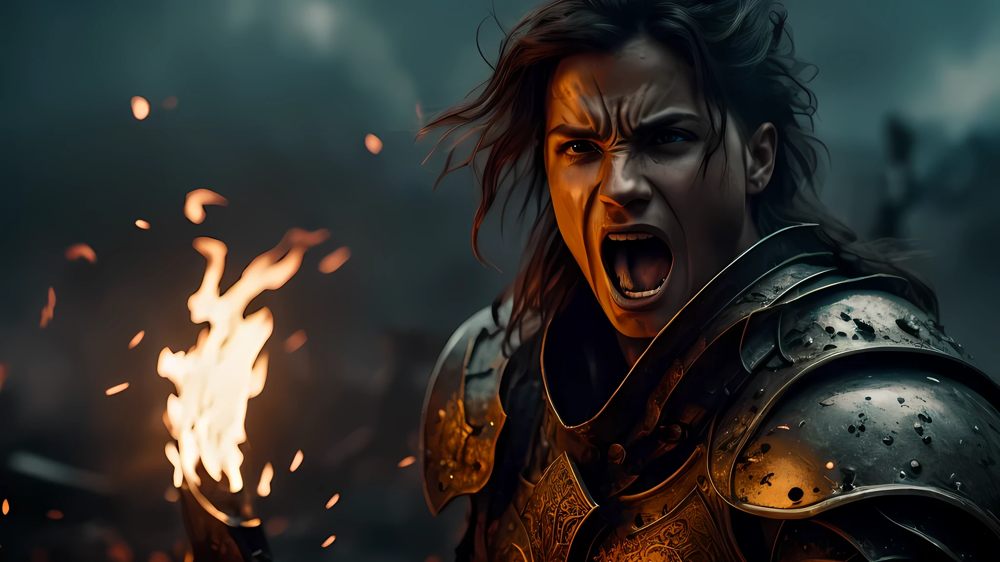 a fierce warrior shouting, extremely detailed portrait, cinematic dramatic lighting, rpg style, 8k, film trailer, dramatic flame effects, epic fantasy, powerful expression, intense gaze, battle-worn armor, war-torn background, moody color palette, volumetric lighting, photorealistic, unreal engine, professional 3d render