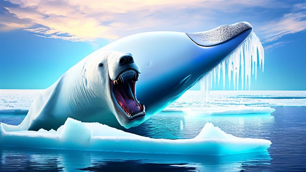 a giant flying whale, whale opening its mouth wide, polar bear on ice floe below, clear sky, ethereal, cinematic lighting, dramatic colors, hyperrealistic, 8k, extremely detailed, photorealistic, glowing ethereal whale, dramatic ice floes, polar bear with intense expression, cinematic composition, vibrant colors, stunning lighting, masterpiece, (best quality,4k,8k,highres,masterpiece:1.2),ultra-detailed,(realistic,photorealistic,photo-realistic:1.37)