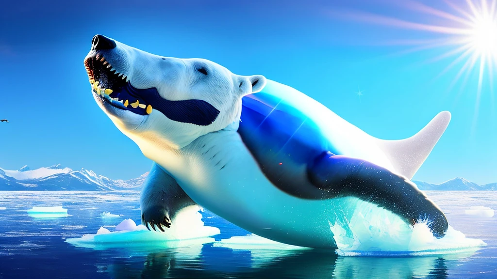 a giant flying whale, whale opening its mouth wide, polar bear on ice floe below, clear sky, ethereal, cinematic lighting, dramatic colors, hyperrealistic, 8k, extremely detailed, photorealistic, glowing ethereal whale, dramatic ice floes, polar bear with intense expression, cinematic composition, vibrant colors, stunning lighting, masterpiece, (best quality,4k,8k,highres,masterpiece:1.2),ultra-detailed,(realistic,photorealistic,photo-realistic:1.37)