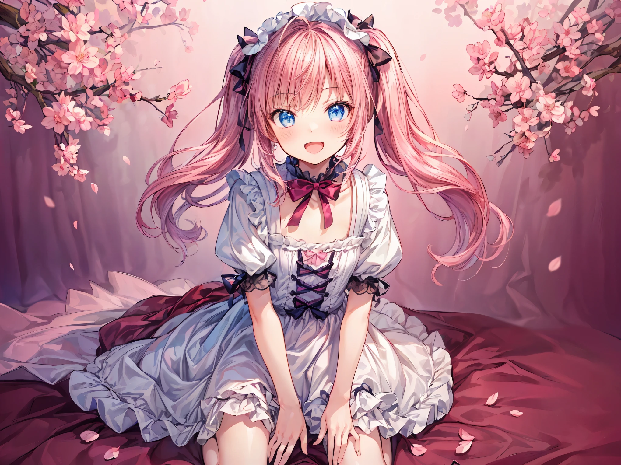 (masterpiece:1.2), best quality, highres, original, (extremely detailed:1.2), ultra-detailed, wallpaper, perfect lighting,(extremely detailed CG:1.2), 8k, 1boy, solo, crossdressing, tomgirl, kawaii, (open the mouth, laughing, happy, twintails, flat chest, pink hair, light-blue eyes:1.1), (Lolita Fashion, pink dress, short-sleeves, bowknot on waistline, lace hemline, knee-length dress, delicate dress:1.2), (anatomically correct:1.3), kneeling, close-up, looking at viewer, frontal, (dreamlike background, pink background, girly background, sakura patterns:1.2)
