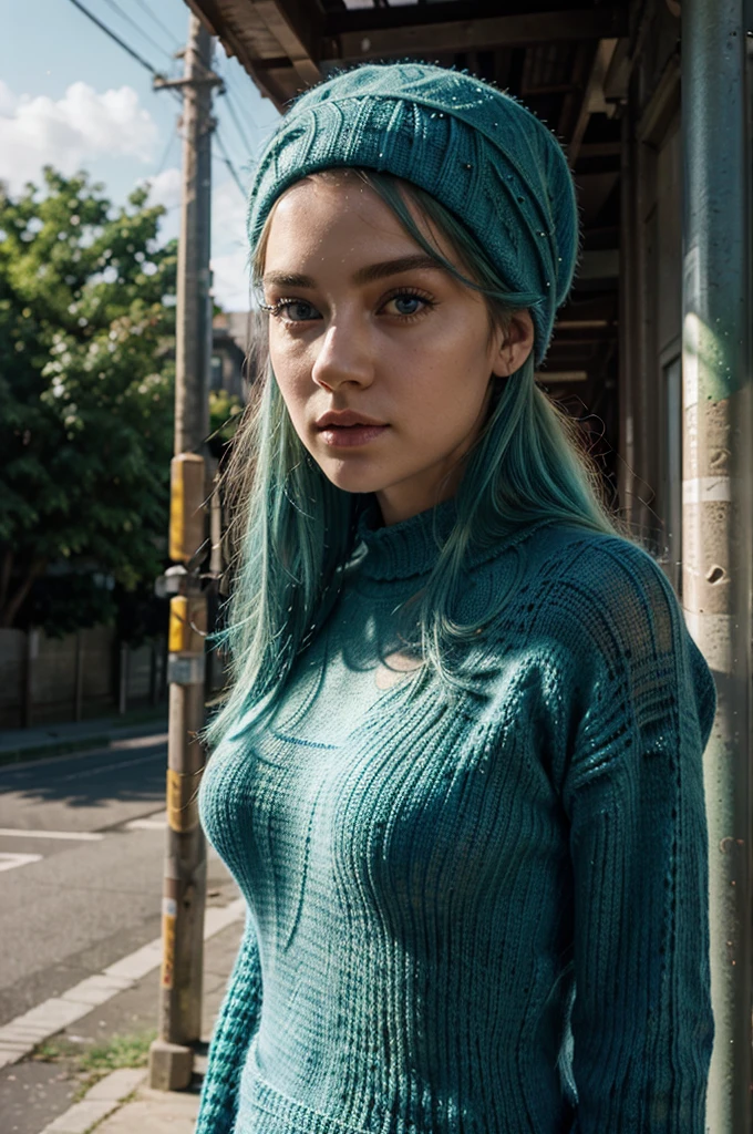 Masterpiece, The angular face, small nose, Of the highest quality, big blue eyes, proportionate lips , Colorful cinematic lighting, knitted dress green, with overflow [blue|red] Hair, (wearing crochet berets), (Perfect face:1.1), standing under telephone poles in the middle of the route, Morning in the background, dappled light, romantic, HDR, Very detailed, 8k, Hyper realistic, shot at eye level, Cinestill 800
