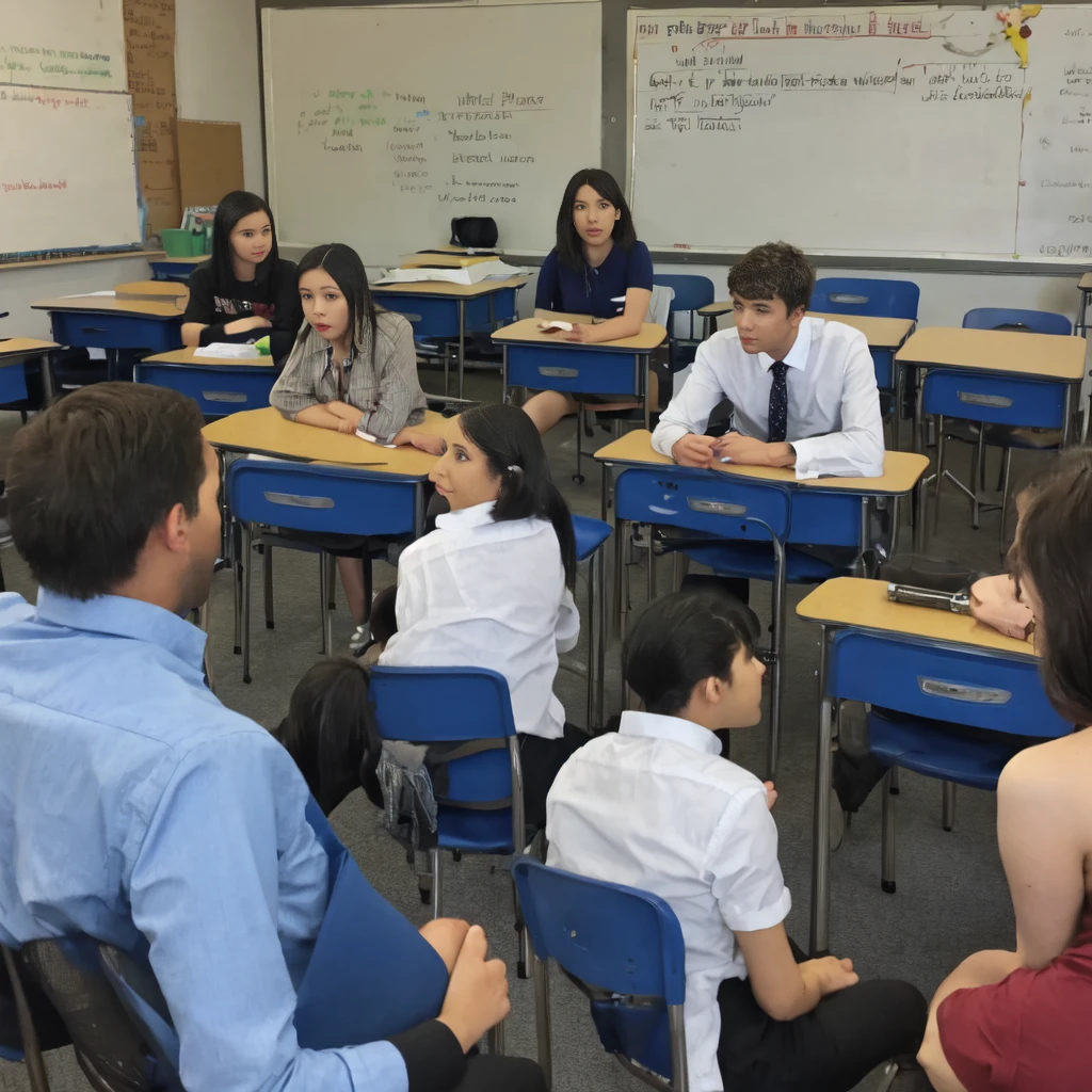 Group of people debating with a teacher about a topic