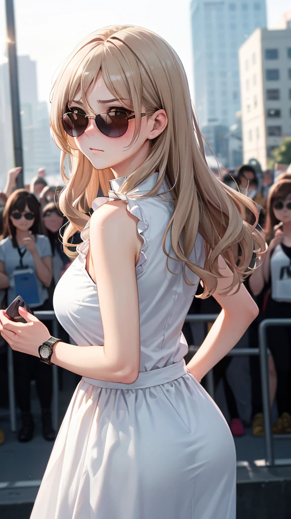 (8k、Best image quality、Highest quality、masterpiece)、Detailed face、Detailed Background, Improve、A beautiful 35 year old woman, Light Brown Hair, Long wavy hair, blunt bang, (Light-colored sunglasses:1.2), Big Tits, Big Ass, Sleeveless white blouse with collar, White long skirt, Fold your hands in front of your body, Talking to the audience, (A tense look:1.5), (Blushing:1.4), Walk next to the viewer, Watch in the right hand, crowd, Cowboy Shot