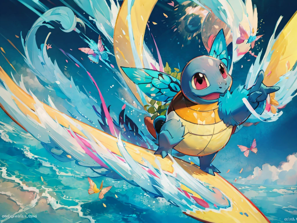 (Best image quality), Squirtle_Pokemon, (Very detailed),Manny colorful butterfly:1.3