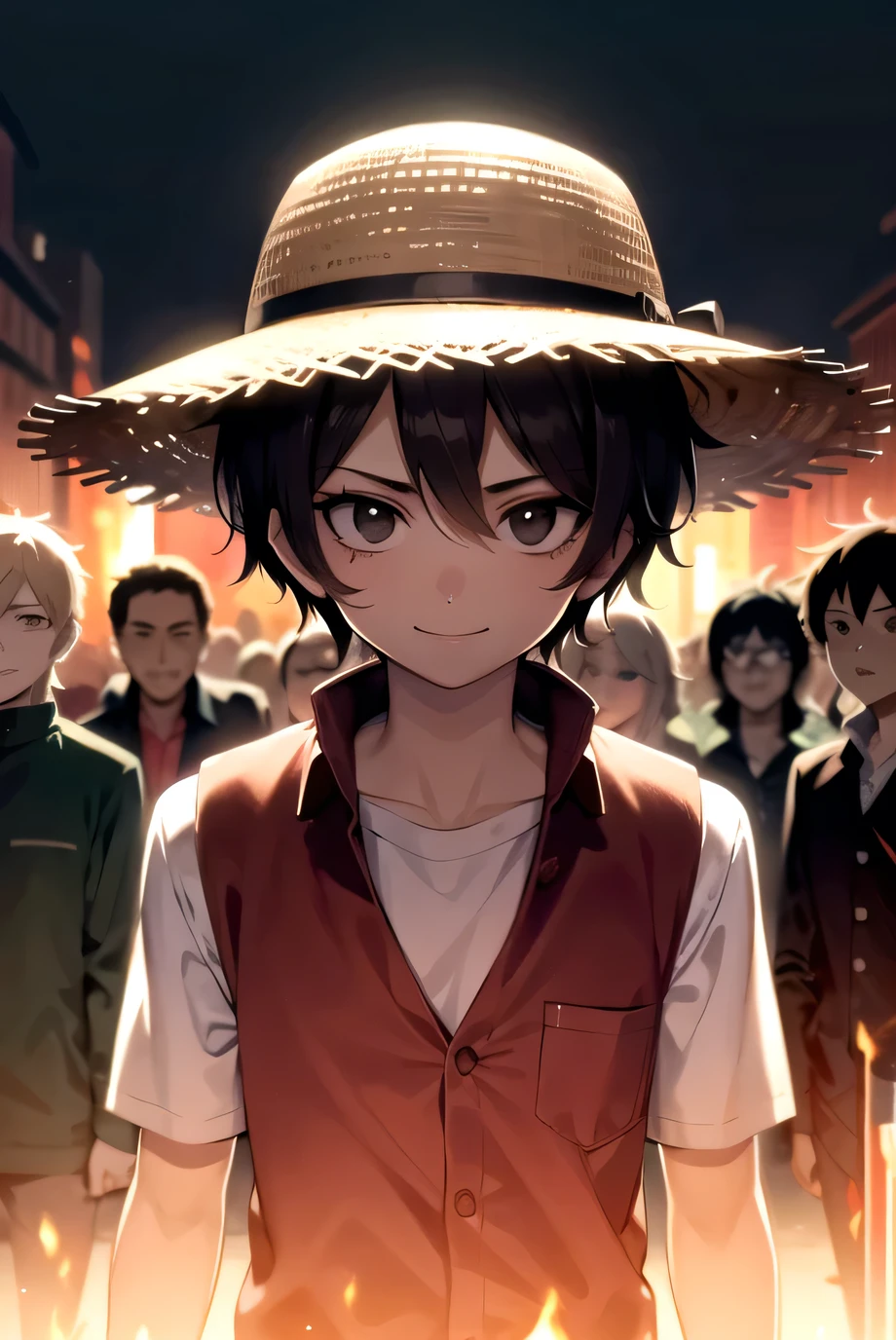 1 boy, Heno style, Monkey D. Luffy, Smile, straw hat, Looking at the audience, Solitary, Upper Body, ((masterpiece)), (best quality), (Extremely detailed), Depth of Field, sketch, Dark, intense shadows, Clear focus, Soft lighting, HDR, rich and colorful, Good composition, Fire all around, Spectacular, Tight shirt, Anime Screenshots, Scars under the eyes, Ready to fight, black eyes