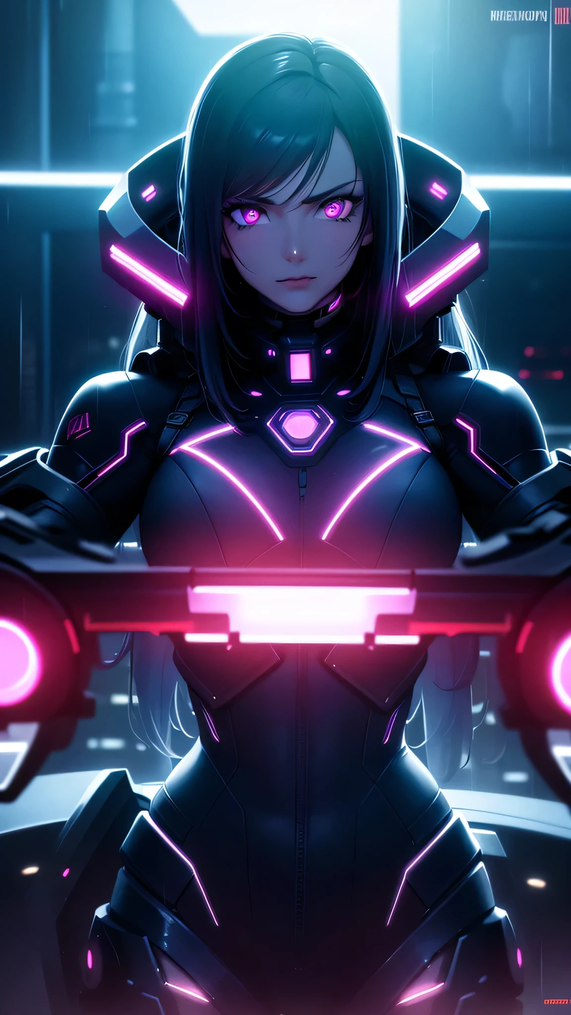 cyberpunk girl, neon city, rainy night, futuristic, cyborg, hologram, glowing lights, advanced technology, dark atmosphere, detailed face, long hair, dramatic pose, moody lighting, intricate machinery, sci-fi elements, urban landscape, (best quality,4k,8k,highres,masterpiece:1.2),ultra-detailed,(realistic,photorealistic,photo-realistic:1.37),cinematic