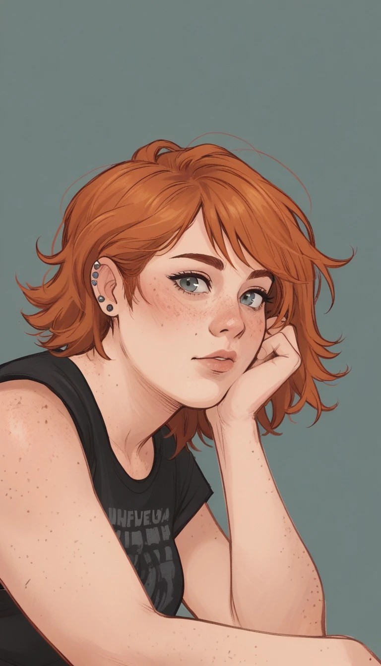 score_9, score_8_up, score_7_up, score_6_up, score_5_up, score_4_up,   wh33z13, 1 adult woman, freckles, grey eyes, ginger chanel hair, bangs, piercings on ears, chubby