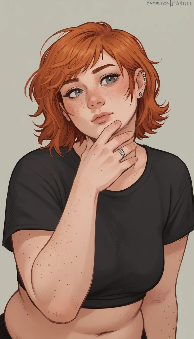 score_9, score_8_up, score_7_up, score_6_up, score_5_up, score_4_up, wh33z13, 1 adult woman, freckles, grey eyes, ginger chanel hair, bangs, piercings on ears, chubby