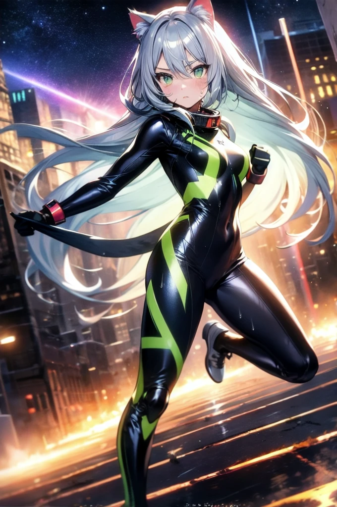 A silver-haired beautiful girl with cat ears eyes are green hair is silver and long clothes: a form-fitting black combat suit The fist is an afterimage The background is a city at night her is in a cat-like fighting pose The year is 14 years monitor, Dark Night, Sweat, Steam of Exhalation, Space, Battle, Dynamic Angle one girl
