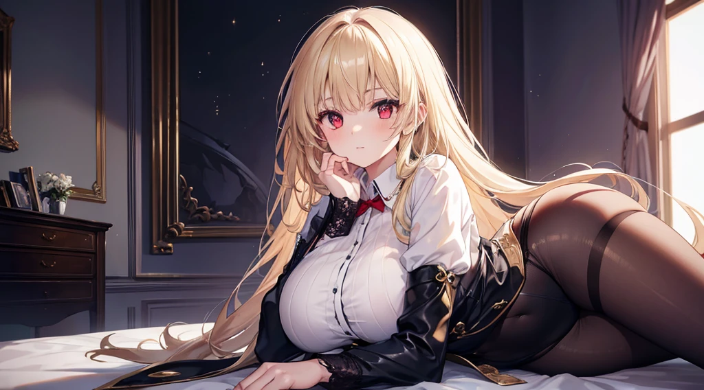 Highest quality, masterpiece, figure, wallpaper,One girl,White shirt, Light Hair, Beautiful detailed girl, Highly detailed eyes and face, Beautiful attention to detail, Shine,Browsing Caution, View your viewers, bed, night, Black Pantyhose, Straight hair, Red Eyes, long hair,Blonde, thick_Thighs, Large Breasts, Red eyes,Sitting,beautiful finger, clear background, deep night, Lying down