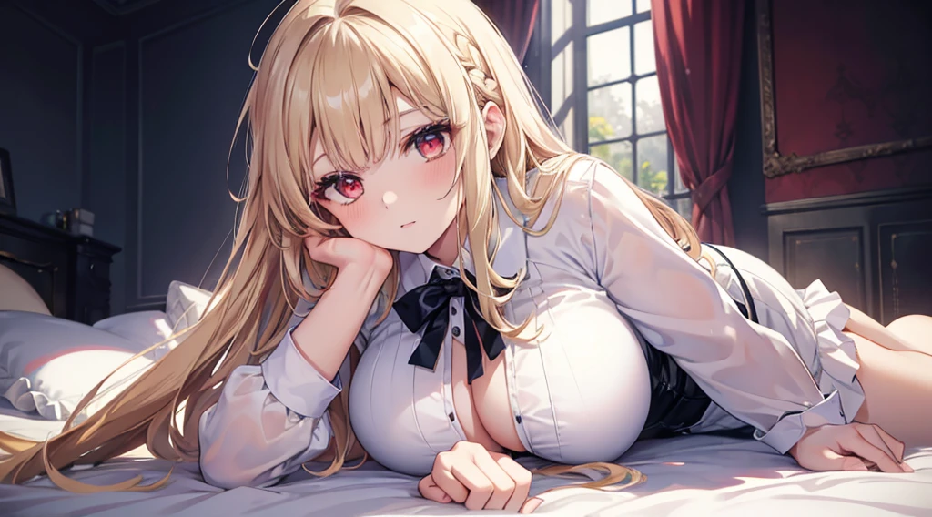 Highest quality, masterpiece, figure, wallpaper,One girl,White shirt, Light Hair, Beautiful detailed girl, Highly detailed eyes and face, Beautiful attention to detail, Shine,Browsing Caution, View your viewers, bed, night, Black Pantyhose, Straight hair, Red Eyes, long hair,Blonde, thick_Thighs, Large Breasts, Red eyes,Sitting,beautiful finger, clear background, deep night, Lying down