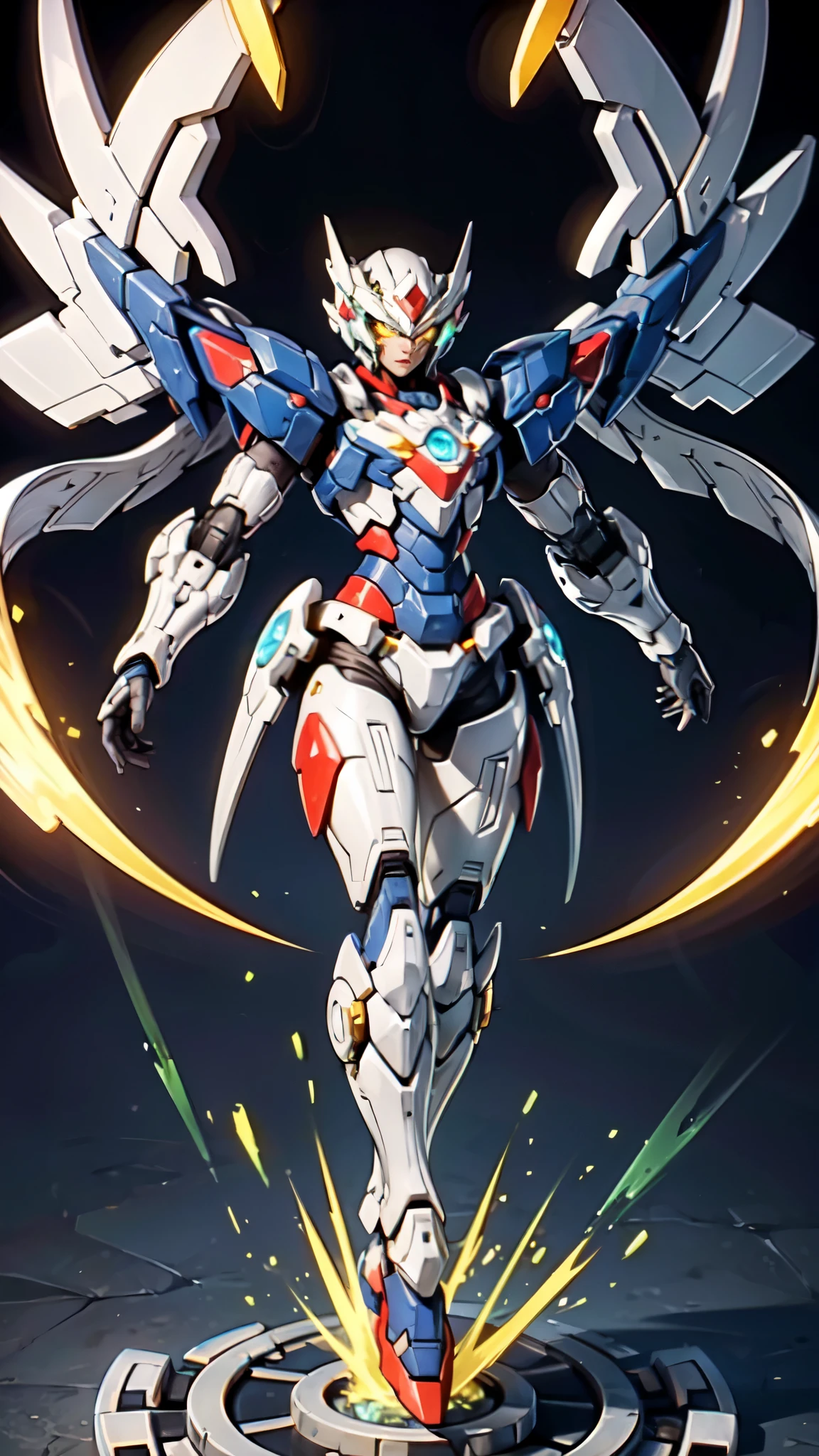 (masterpiece:1.5, best quality:1.5, extremely delicate:1.5), humanoid Mecha, fully enclosed shoulder guards, matching arm and leg guards, full body, full armor, the design balances heavy with agility, (the color scheme is primarily white with red and blue accents, the concept Inspired by Super robot, organic biotech armor, standing, floating high above the futuristic sci-fi city), exquisite and mature art style, (aura effect, energy, glowing eyes, the armor glows), metallic, dramatic, high definition, highres, ultra-detailed, ultra-fine painting, professional, perfect body proportions, anatomically correct, symmetrical face, extremely detailed eyes and face, high quality eyes, creativity, RAW photo, UHD, 32k, Natural light, cinematic lighting, masterpiece-anatomy-perfect