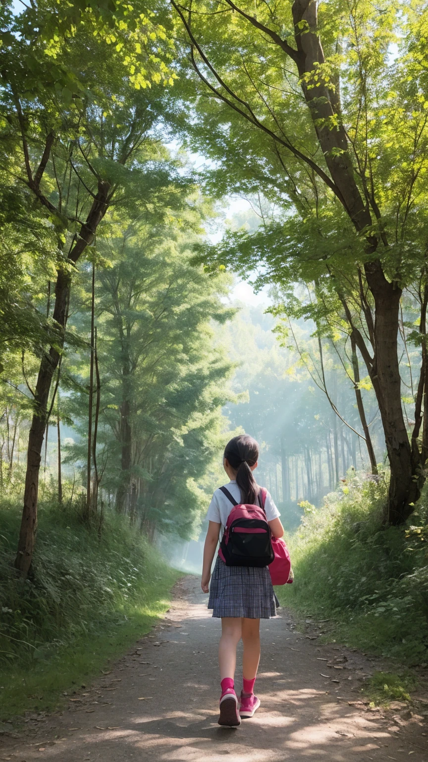 A 10-year-old girl wandering in a fantasy forest