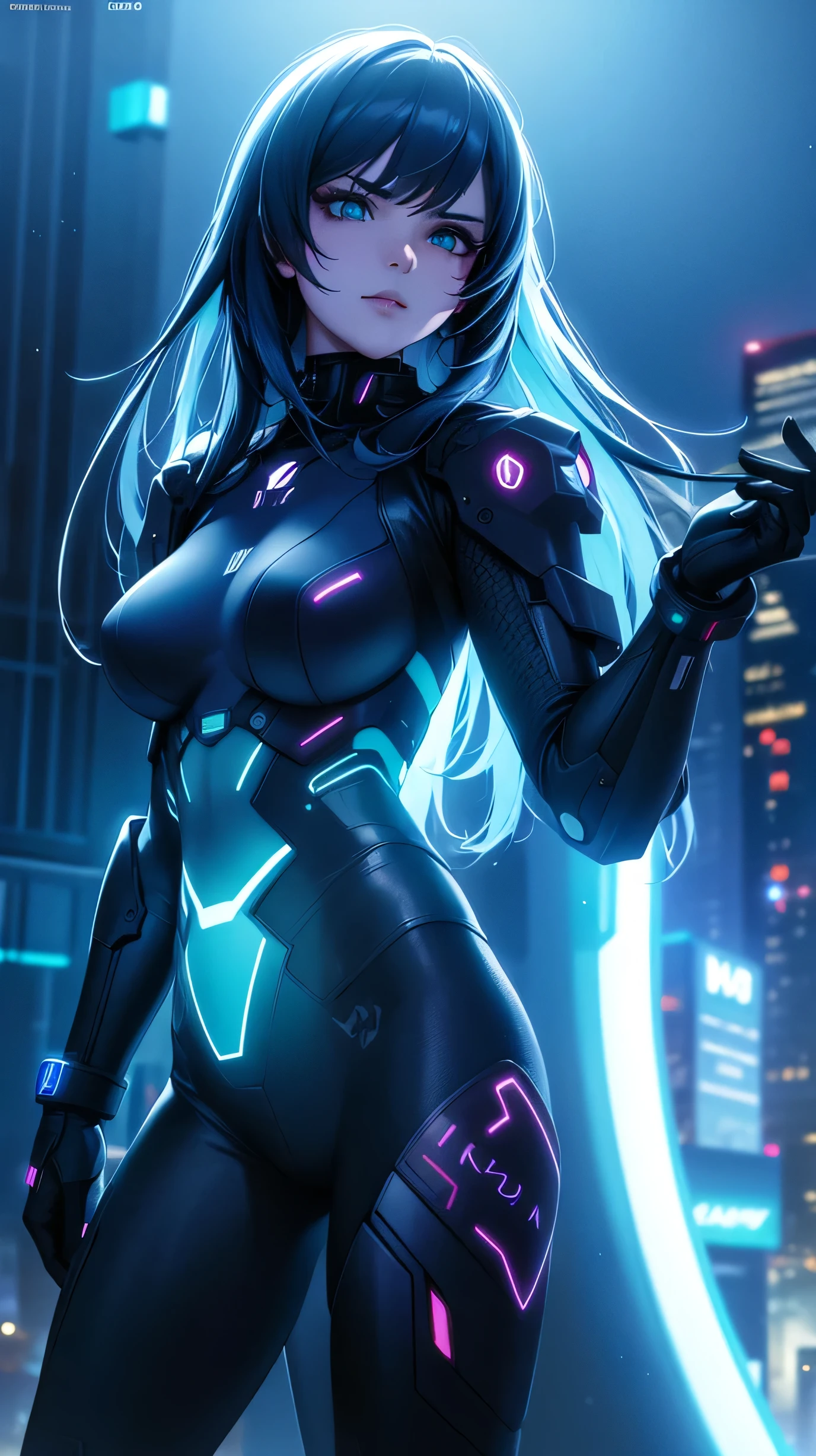 cyberpunk girl, neon city, rainy night, futuristic, cyborg, hologram, glowing lights, advanced technology, dark atmosphere, detailed face, long hair, dramatic pose, moody lighting, intricate machinery, sci-fi elements, urban landscape, (best quality,4k,8k,highres,masterpiece:1.2),ultra-detailed,(realistic,photorealistic,photo-realistic:1.37),cinematic