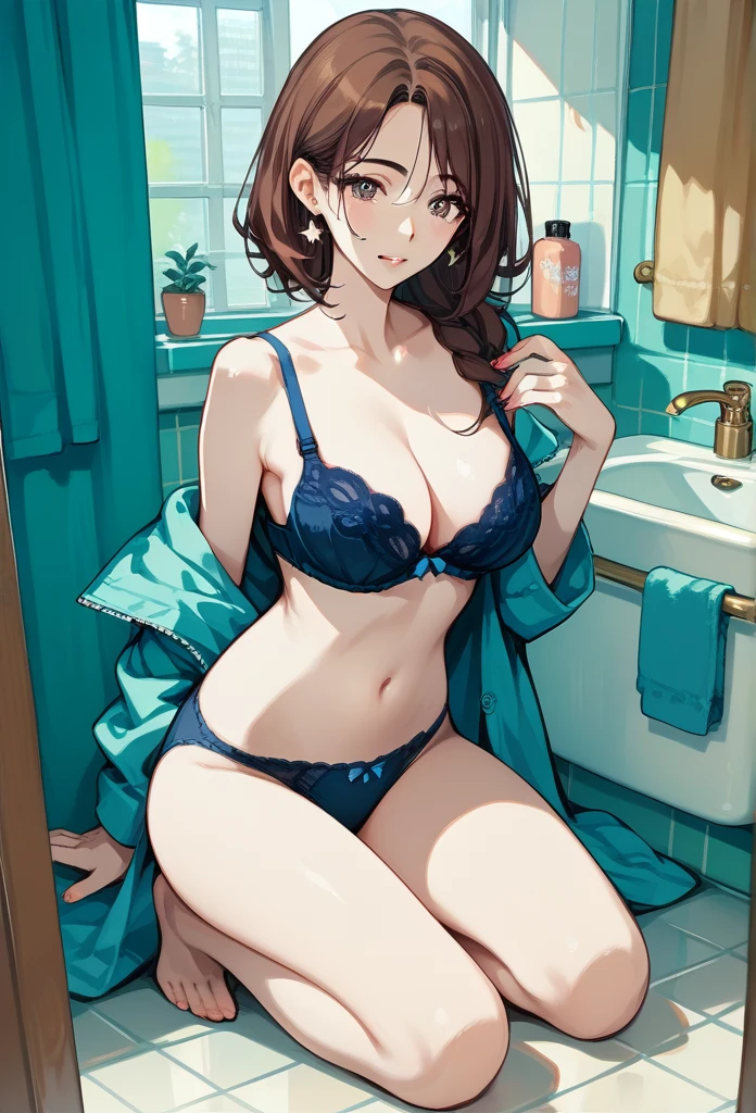 masterpiece, best quality, mature woman, Fukada Eimi, Eimi Fukada, brunette hair, sharp eyes, curvy body, bathroom, kneeling, bra, panties, besides urinal