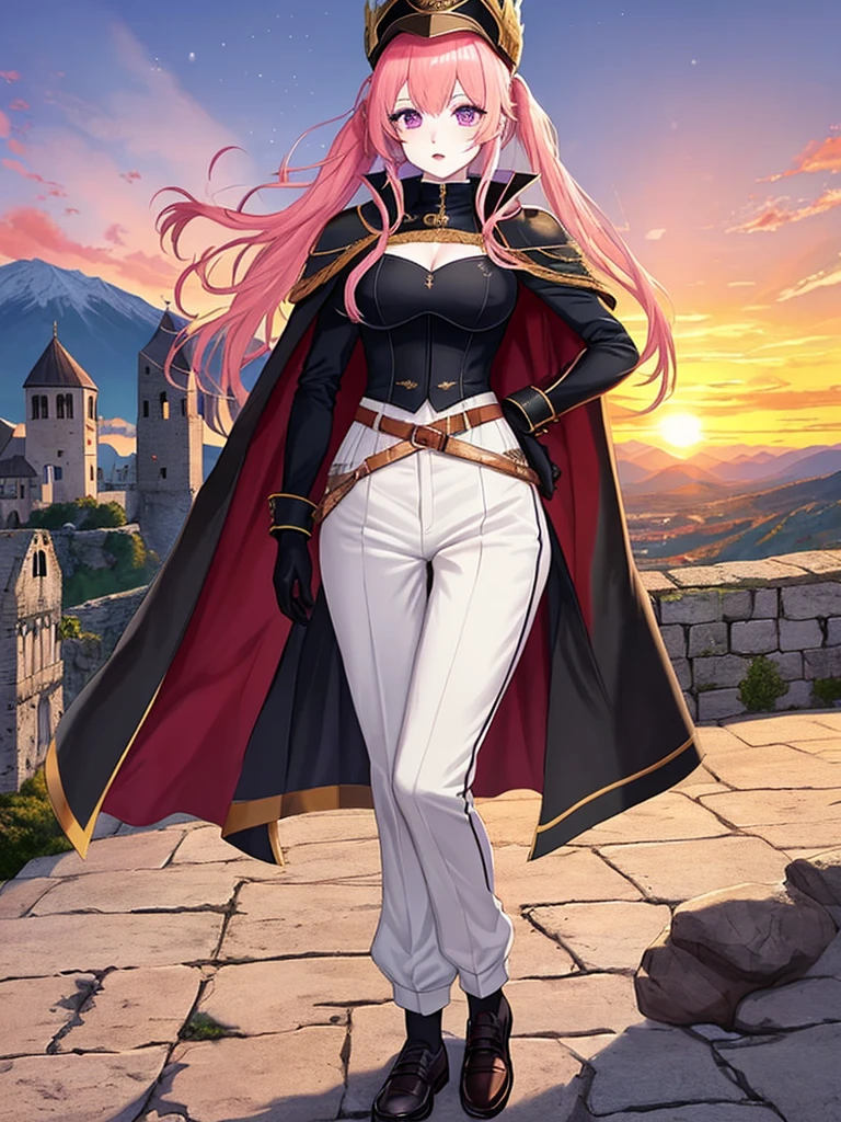 A world inspired by the Italian-Spanish Renaissance in the 16th century, davincipunk technology, in a castle, on the battlements, sunset, a plain, leading an army, arquebus on the back, falcata sheathed at the waist, sunset on the mountains, watching the invader disembark from large galleons, birds in the sky, imposing, proud, battle-hardened, a beautiful 21-year-old woman, /(16th century arquebusier's uniform: fitted button-down blouse, breastplate covering the torso, long leather cape, leather military shoes, brooches in the hair, gloves, helmet with a feather on top, cloth pants,), /(Pale white skin, extremely long pink hair combed in two pigtails and a lock over the left eye, violet eyes,), /(Hourglass shaped body, medium hips, medium waist, shapely legs, big chest, small hands, slender fingers, Greek nose, almond eyes,),
