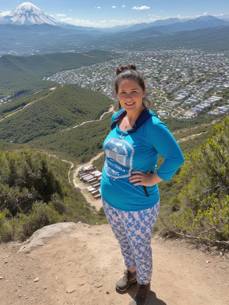 her name is Annette, high quality, ((mature)), ((white pale skin)), 1girl, ((40-year-old chubby Swiss woman)), ((40 years old)), ((chubby)), ((brunette)), pose: standing, wearing stylish blue (((wearing light printed attire for hiking))), ((BACKGROUND: overlooking Offers hiking trails in Naica, Mexico)), random pose, messy bun hair