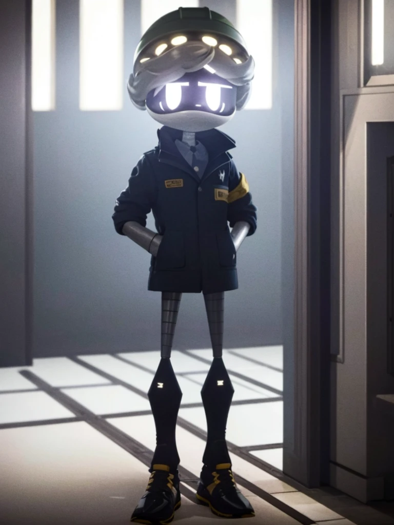 Male, Murder Drone, prototype infiltrator drone, wearing modified formal jacket and helmet, no hair, white X eyes, standing at attention, hands in pockets, fully in frame, full body shot, facing viewer, lone figure, sole figure, alone, incognito, Murder Drones style