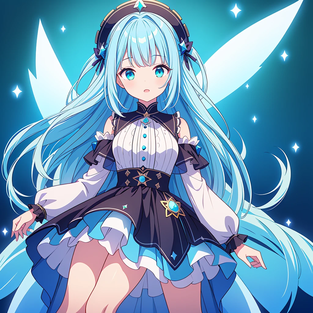 1girl、Star Fairy、Star incarnation、Character design front view、A picture facing the viewer、(((Super detailed、Highest quality、Masterpiece)))、Unique and original cute hairstyle、Milky white and blue hair color、Simple Green Background、vtuber-fullbody,Black goth 、Gothic、