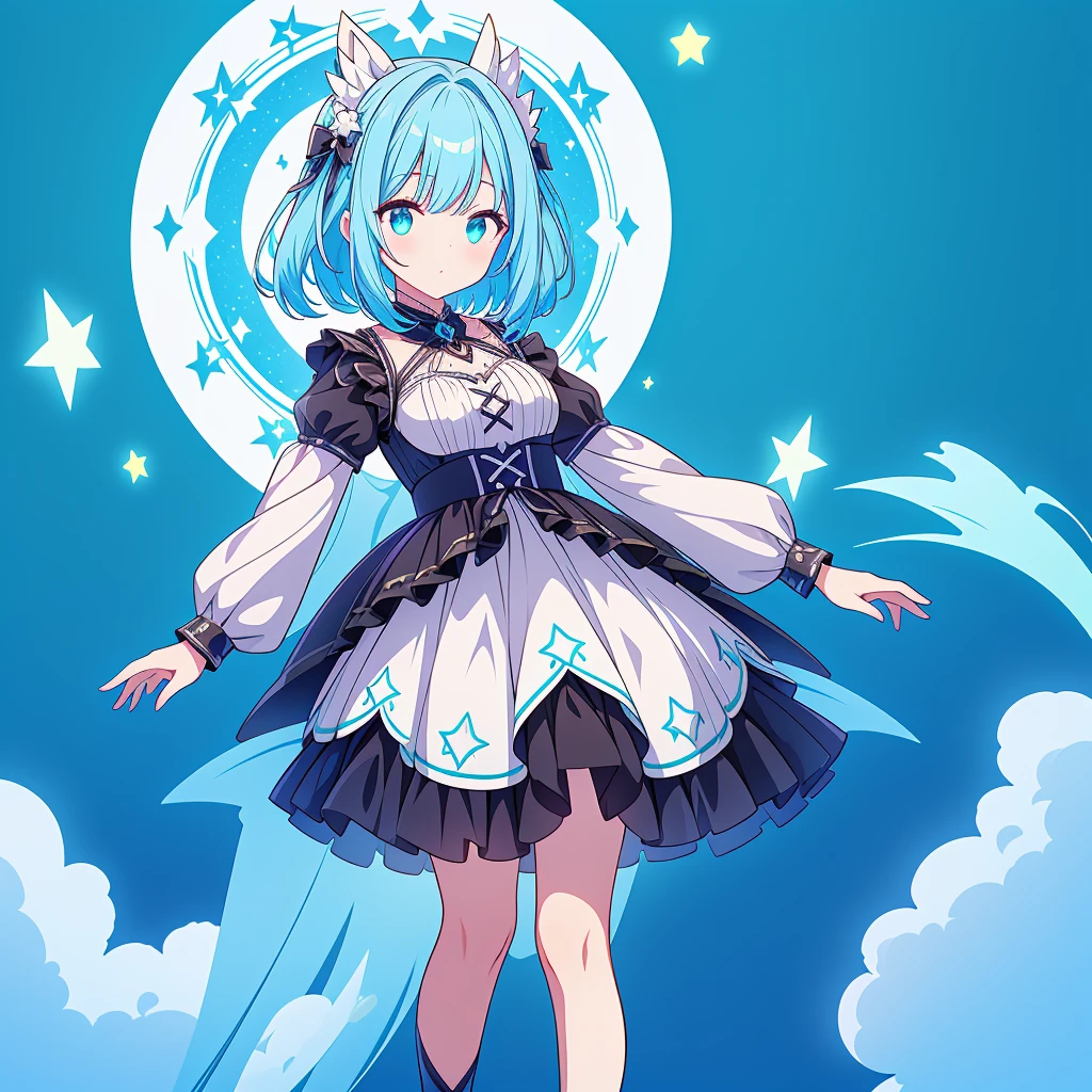 1girl、Star Fairy、Star incarnation、Character design front view、A picture facing the viewer、(((Super detailed、Highest quality、Masterpiece)))、Unique and original cute hairstyle、Milky white and blue hair color、Simple Green Background、vtuber-fullbody,Black goth 、Gothic、