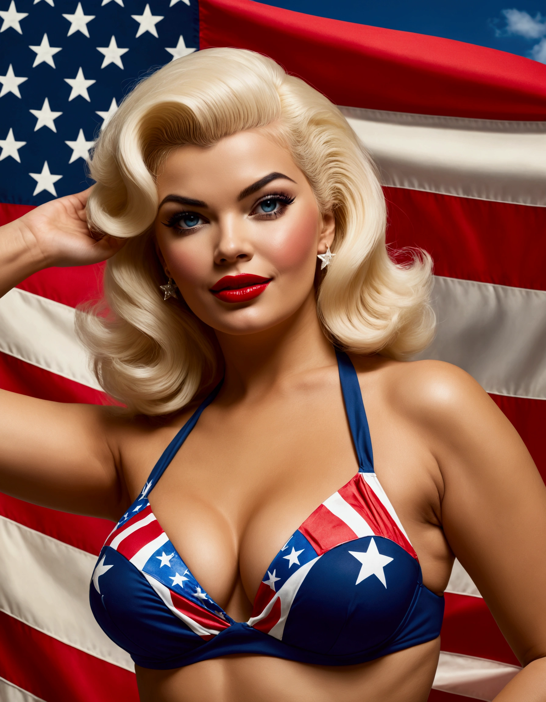 Jayne Mansfield, 25 years old, wearing a patriotic Trump bikini, waving an American flag, 50s style, MAGA poster in the background, detailed portrait, hyper realistic, cinematic lighting, dramatic pose, vibrant colors, sharp focus, photorealistic, masterpiece, intricate details, beautiful skin texture, glamorous makeup, perfectly styled hair, patriotic accessories, American flag waving, MAGA slogan, vintage aesthetic, high quality, 8k resolution
