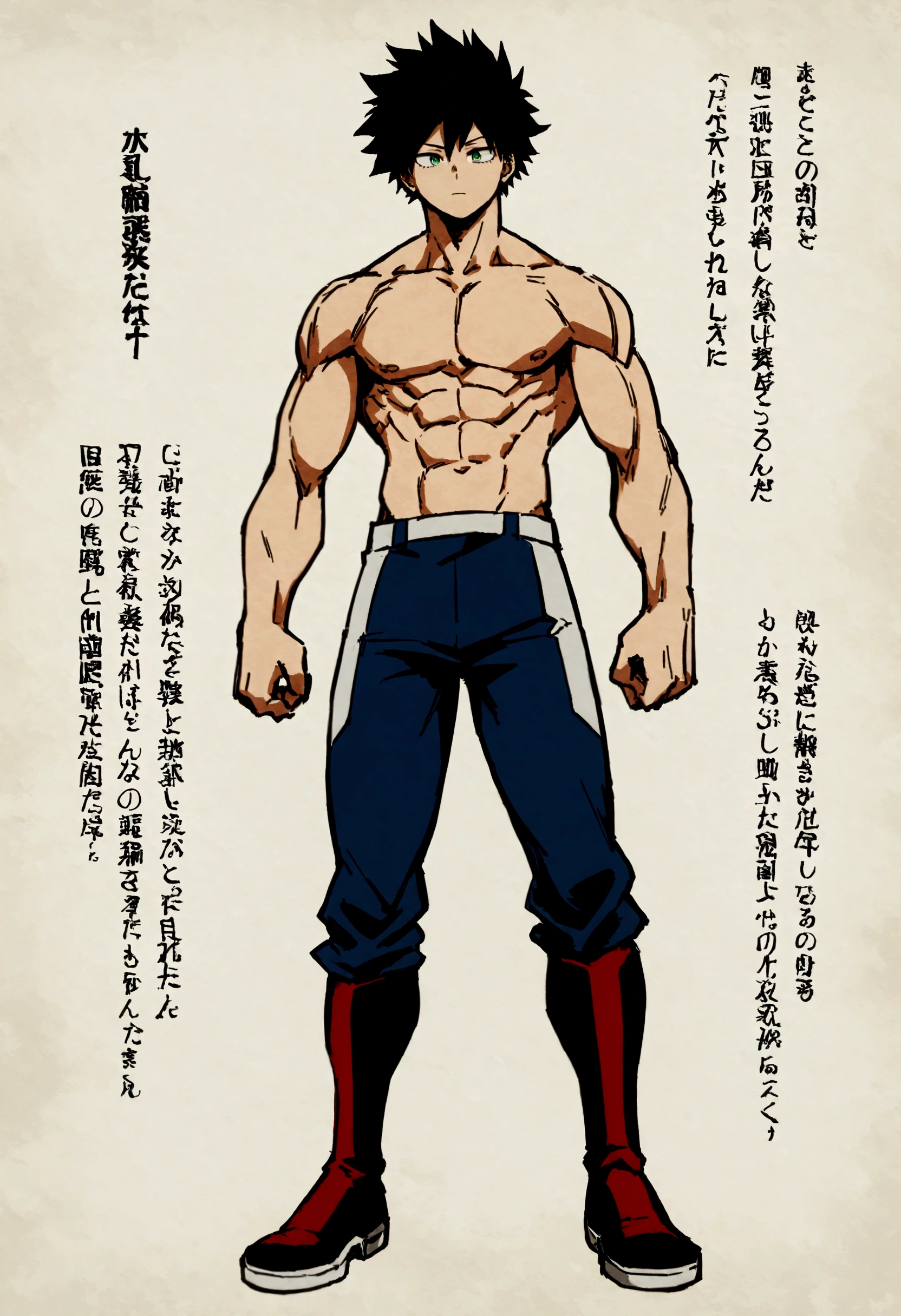 Caracter sheet, He is a , He has slightly disheveled very black hair..., somewhat light green eyes, (front angle ) , (full body), muscular body , He is dressed in the anime uniform. "my hero academia", without the shirt, just with pants 