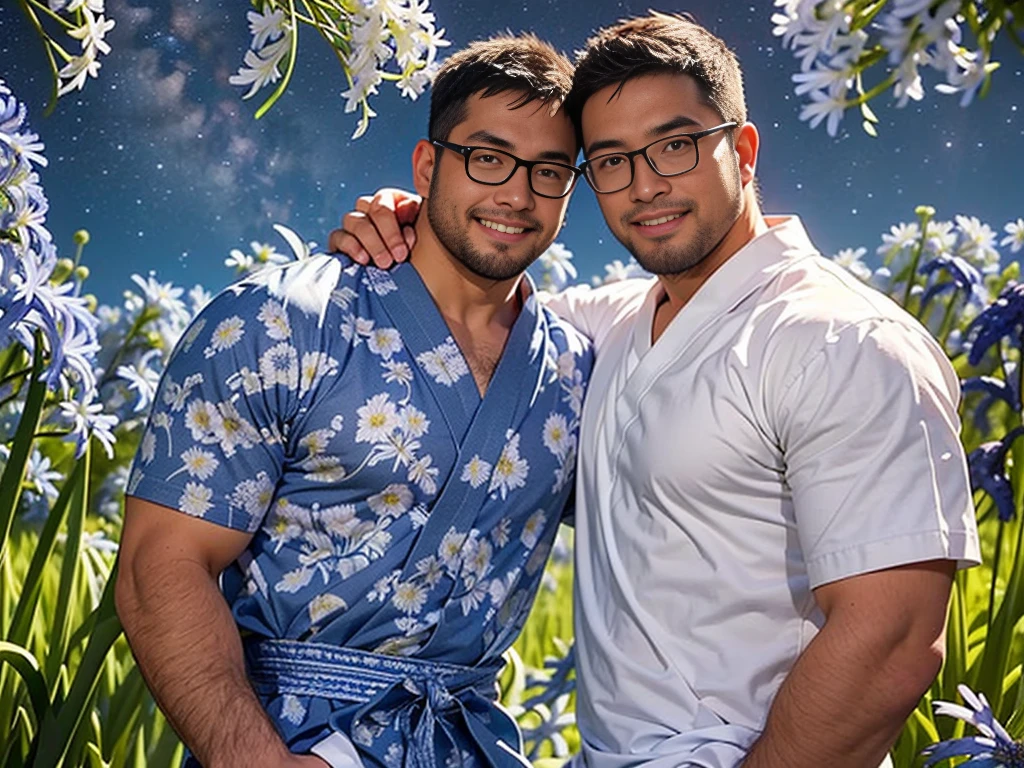 crew cut, (((full body))), mature man, [slightly fat], asian man, brown eyes, rounded face, glasses, slightly balding, (big shoulders), (((stubbles, Short beard))), (((full beard))), (Beautiful eyes:1.3), (Detailed face:1.3), cowboy shot, full shot, masterpiece,best quality,high quality,(summer yukata with short sleeves and pants with agapanthus flower print: 1.3), (stylish pose), (cool smile: 1.3), (background agapanthus flower field: 1.3), (Milky Way Night Sky: 1.3)
